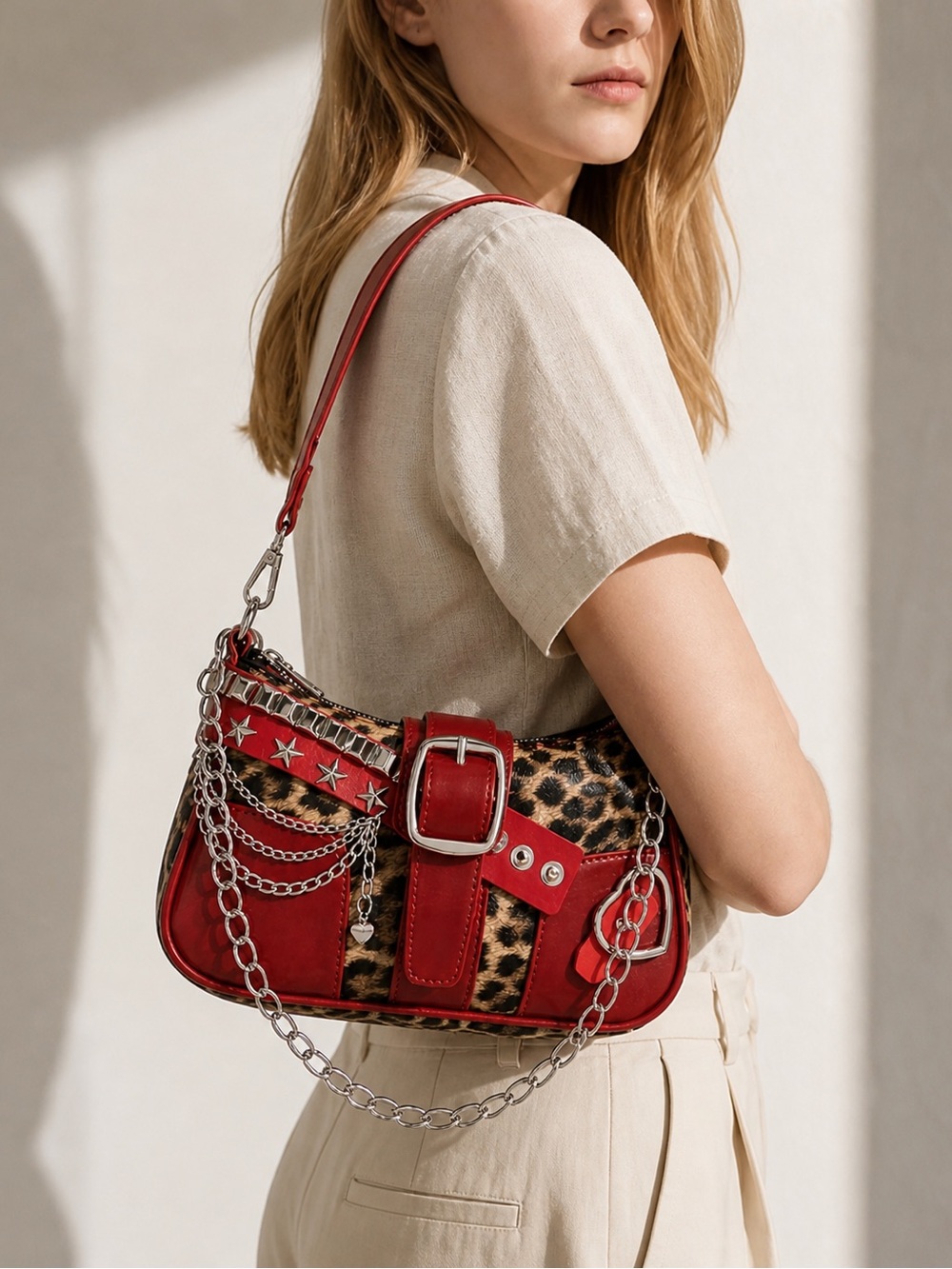 Leopard Print Shoulder Bag Red Trim Chain Accent Y2K Baguette Purse - Picture 2 of 7